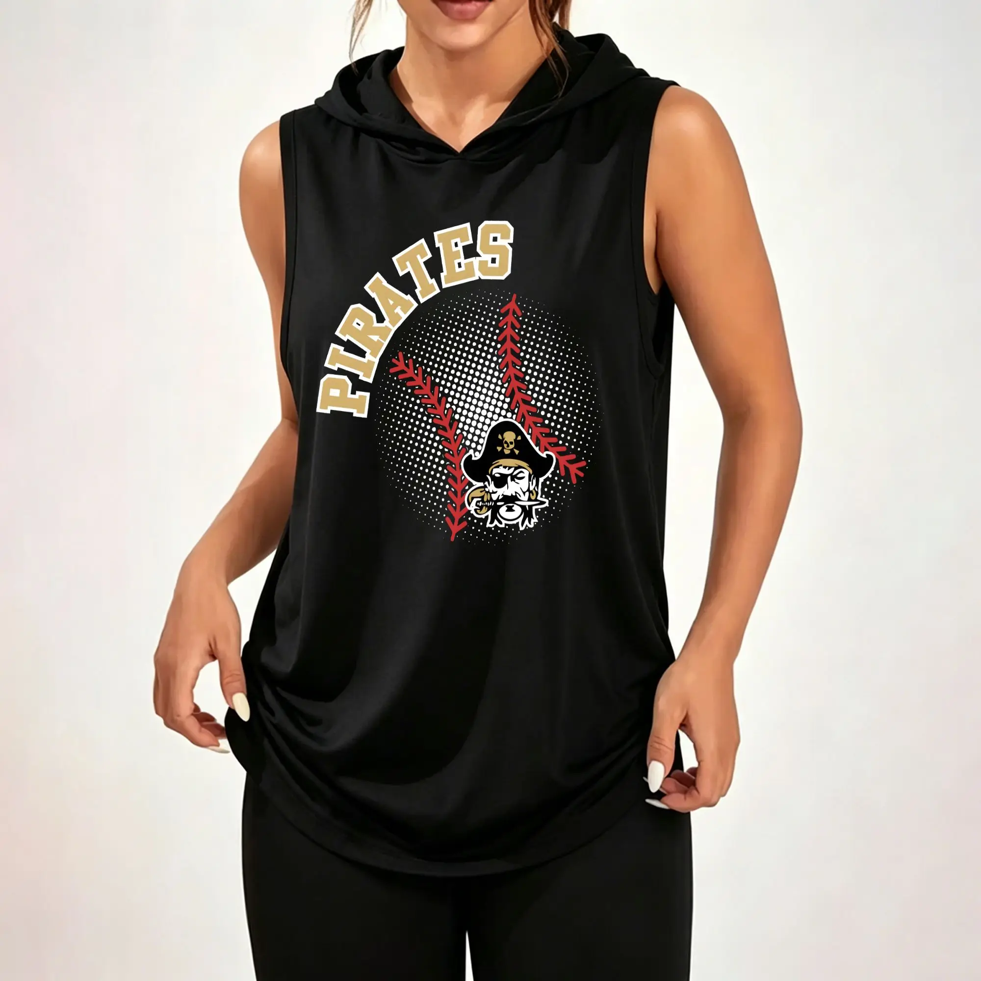 Women's Sleeveless Hoodie, Pirates Baseball Pirate Skull Mascot Retro Graphic Print Casual Hooded Tank Top