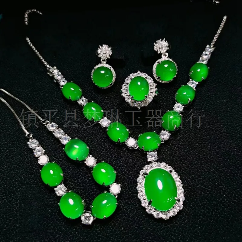 

S925 Silver Inlaid Exquisite Green Chalcedony Two-Four-Piece Set Spring Summer Autumn Winter Bracelet Pendant Ring Jewelry