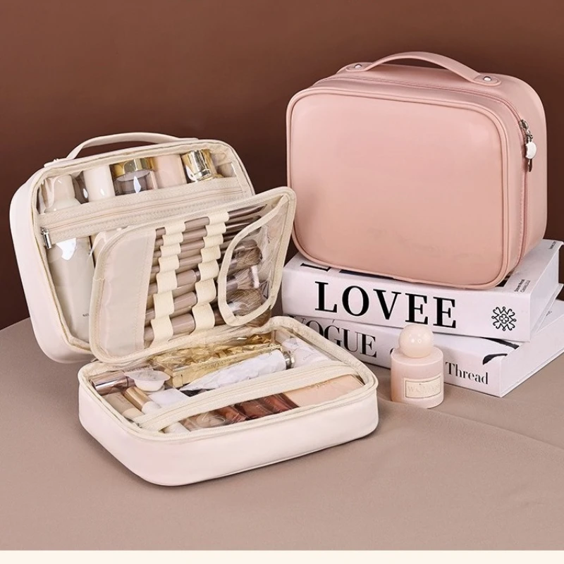 

PU Leather Double Layer Makeup Bag Large Capacity Portable Luxury Cosmetics Bag Organizer Essentials Toiletry Bags for Travel