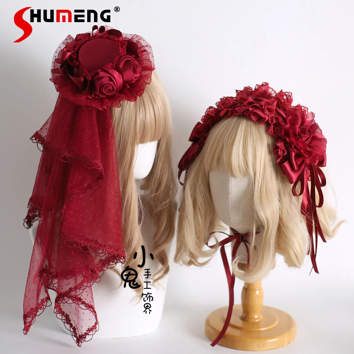 

Original Japanese Elegant Sweet Princess Red Lolita Hair Accessories Bow Lace 3D Flower Kawaii Versatile Headband Women Headwear