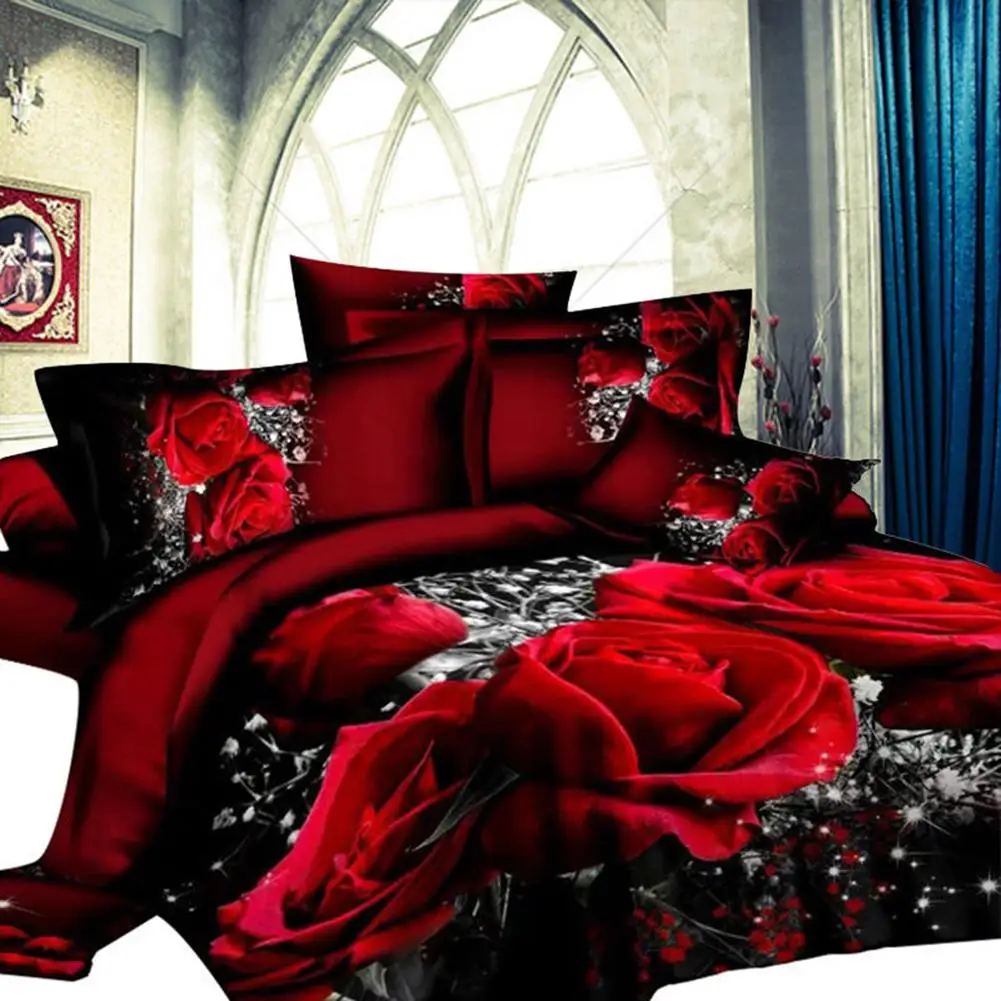 4 PCS 3D Big Red Rose Floral Bedding Sets Wedding Duvet Cover Sheet Pillow Cases Bed Set