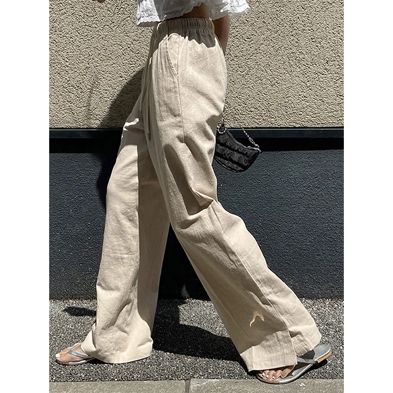 Cotton Linen Women Pants Casual Solid High Waist Drawstring Trousers Korean Fashion Sweatpants Pantalones De Mujer