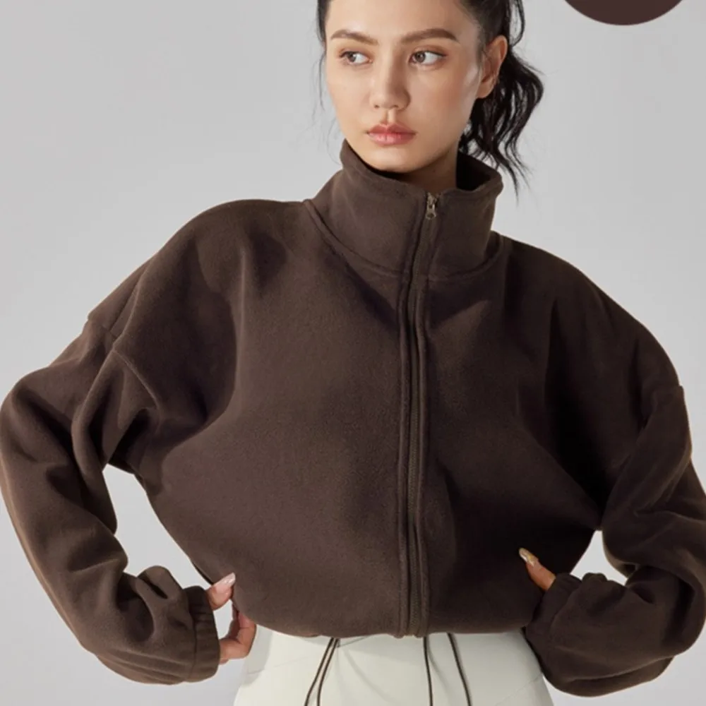 Damska Jesienno-Zimowa Bluza Sportowa z Kapturem, Płaszcz, Gruba Stójka, Długi Rękaw, Rozpinana na Zamek, Krótka Bluza Codzienna, Bluza do Pracy