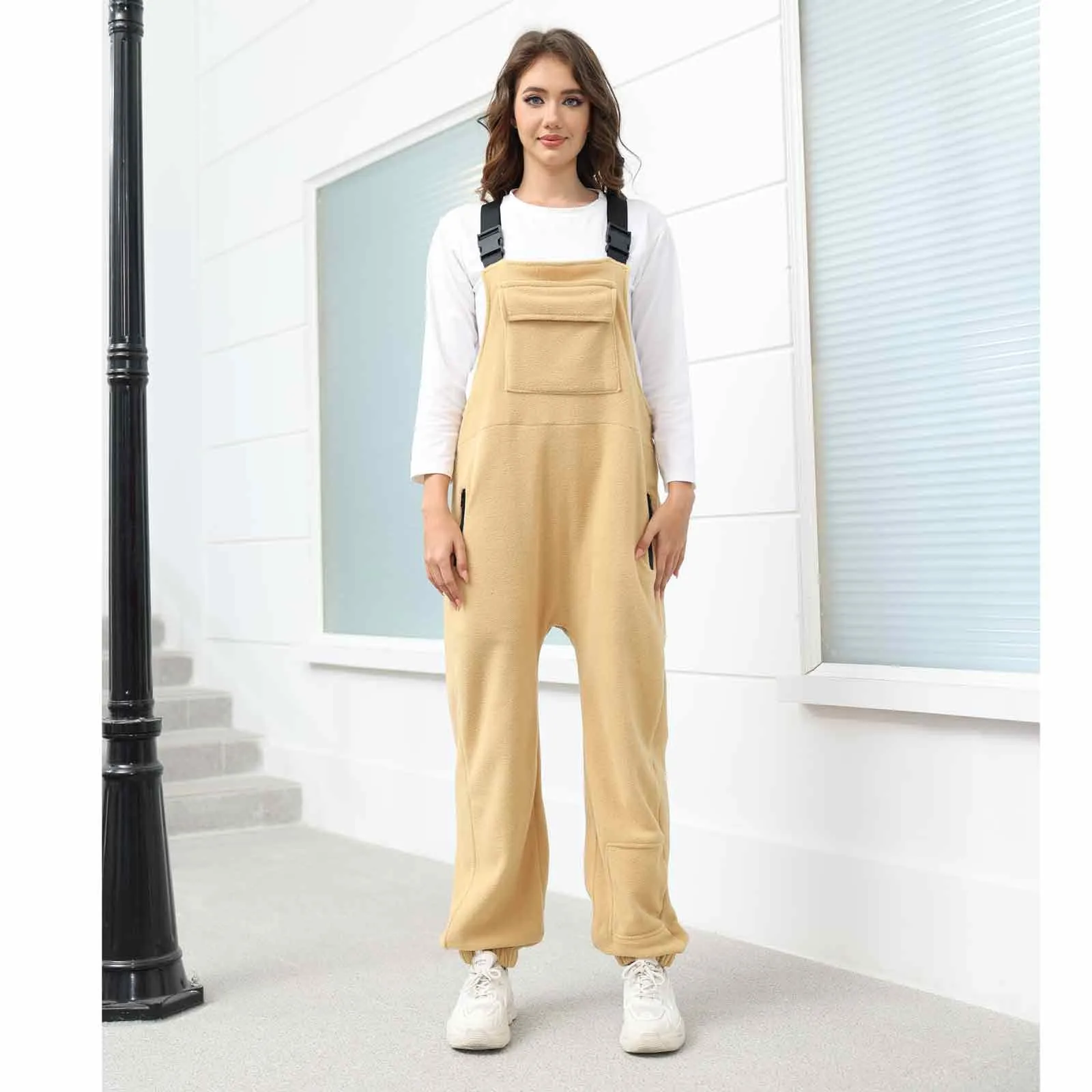 Kombinezon roboczy damski, ocieplany pluszem, bez rękawów, spodnie narciarskie, regulowane szelki, krój racerback, retro, casualowy kombinezon.