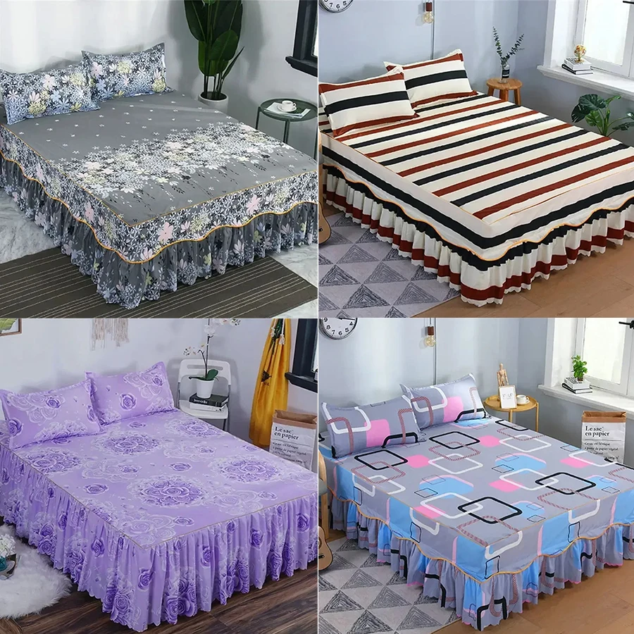 3PCS Bed Skirt Bedspread Set Embroidery Bed Dress Pillow Cases 3 Pieces/Set for King/Queen Double 1.5/1.8/2M Sheet Cover