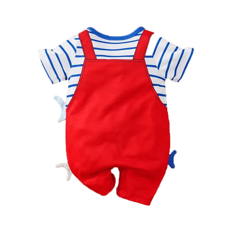 Newborn Baby boy and girls Summer Cute Shark Fake Suspender Striped Romper Skin‑Friendly junmsuit 0‑18M