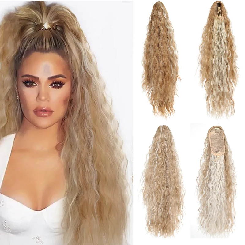 Long Curly Drawstring Ponytail Synthetic Ponytails for Women Blonde Ponytail Clip in Hair Extensions for Daily