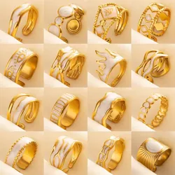 Bohemian Golden White Enamel Open Rings Flame Evil Eye Irregular Stainless Steel Adjustable Finger Ring Women Charm Jewelry Gift