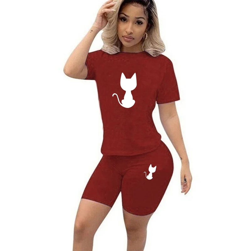 2024 Cute Cat Print Summer Fashion T-Shirt And Shorts Set for Women Sexy Pullover Top with Short Sleeves Matching Female Tracksu