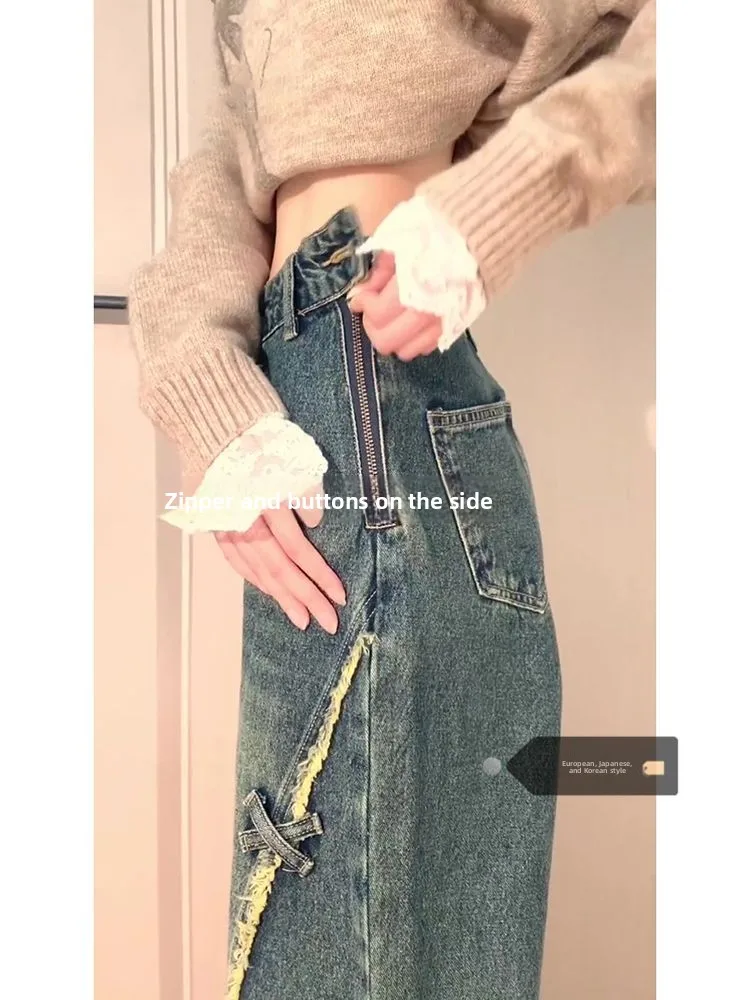 

High Waist Straight Leg Wide Leg Jeans Women's Summer New Vintage Loose Fit Denim Pants Asymmetrical Hem Zipper Closure