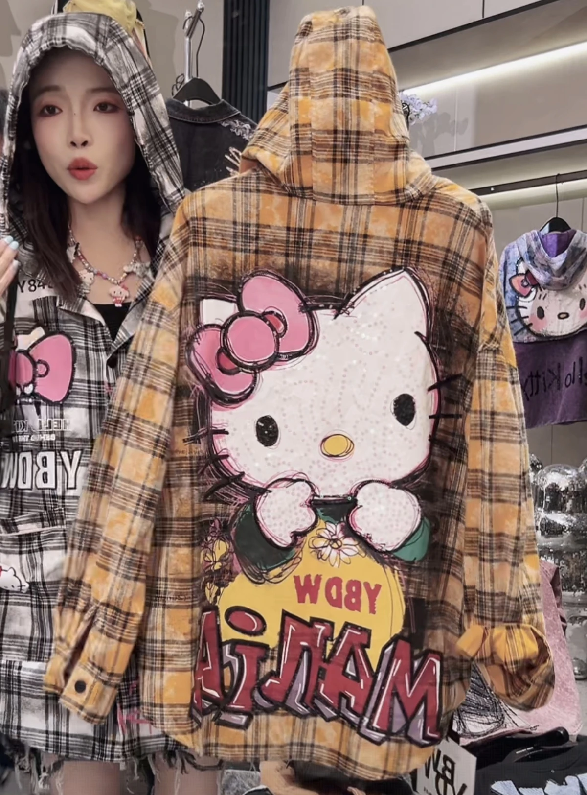 

2025 New Autumn Fashion Mid-long Plaid Hooded Cardigans Top Cute Sequins KT Long Sleeve Women Blouses All-match Students Shirts