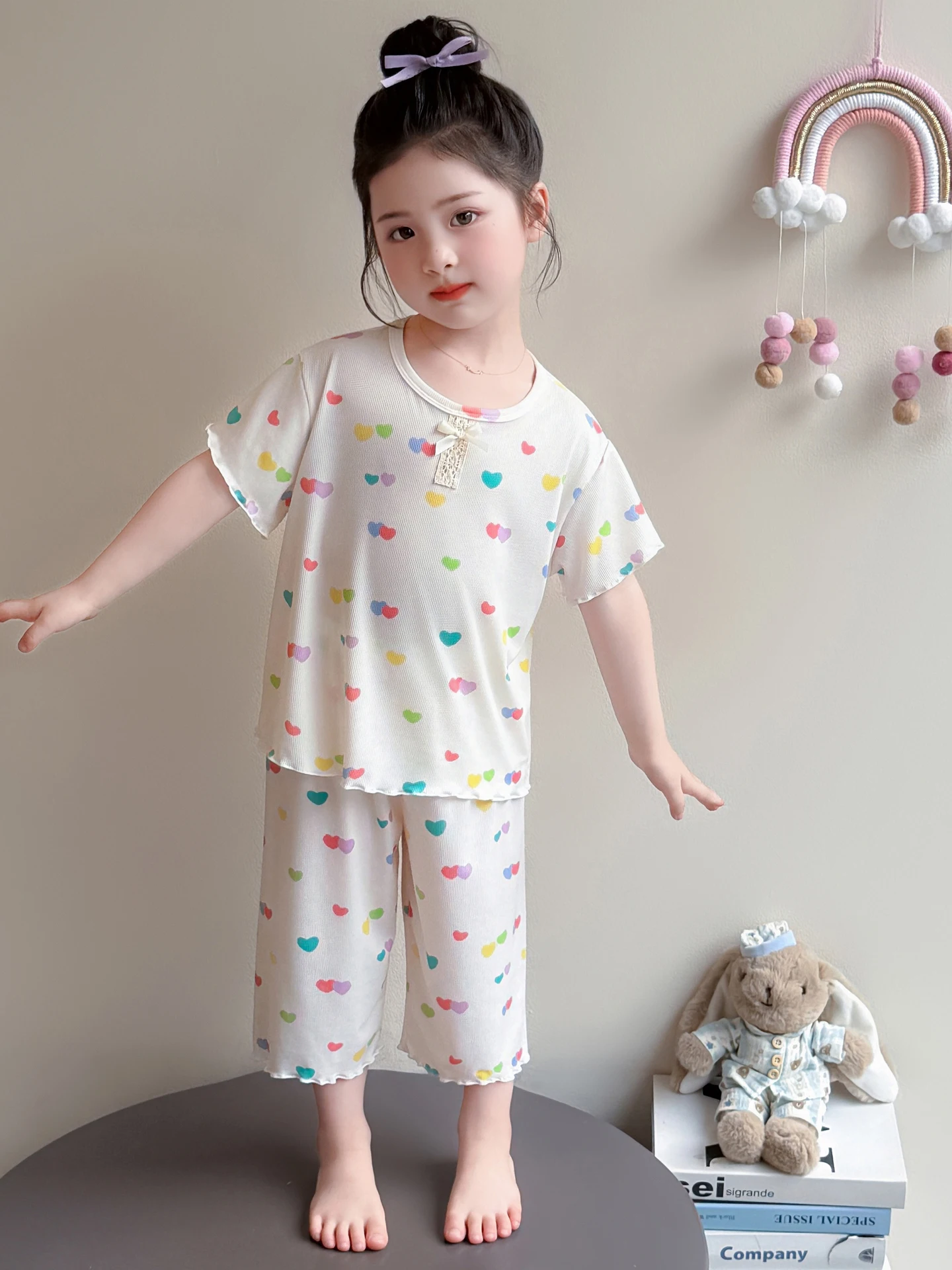 女の子夏の寝間着セット軽量モーダル綿アイスシルクホーム服プリンセススタイル半袖ラウンドネックソフト通気性