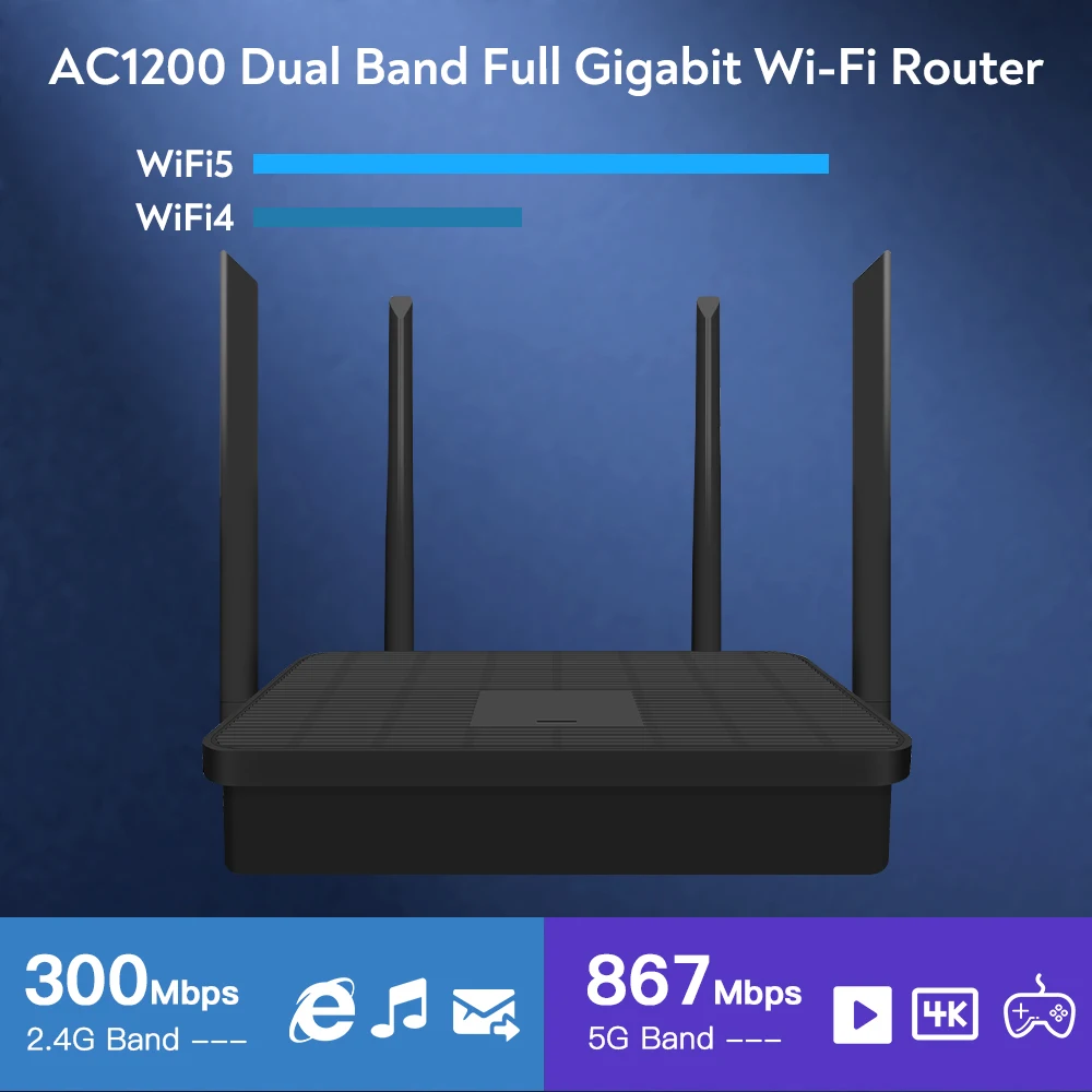 AC1200 Dual Band WiFi Router 2.4G/5GHz 1200Mbps Wireless Router with 4 High Gain Antennas MU-MIMO 3 LAN 1 WAN for Home Office