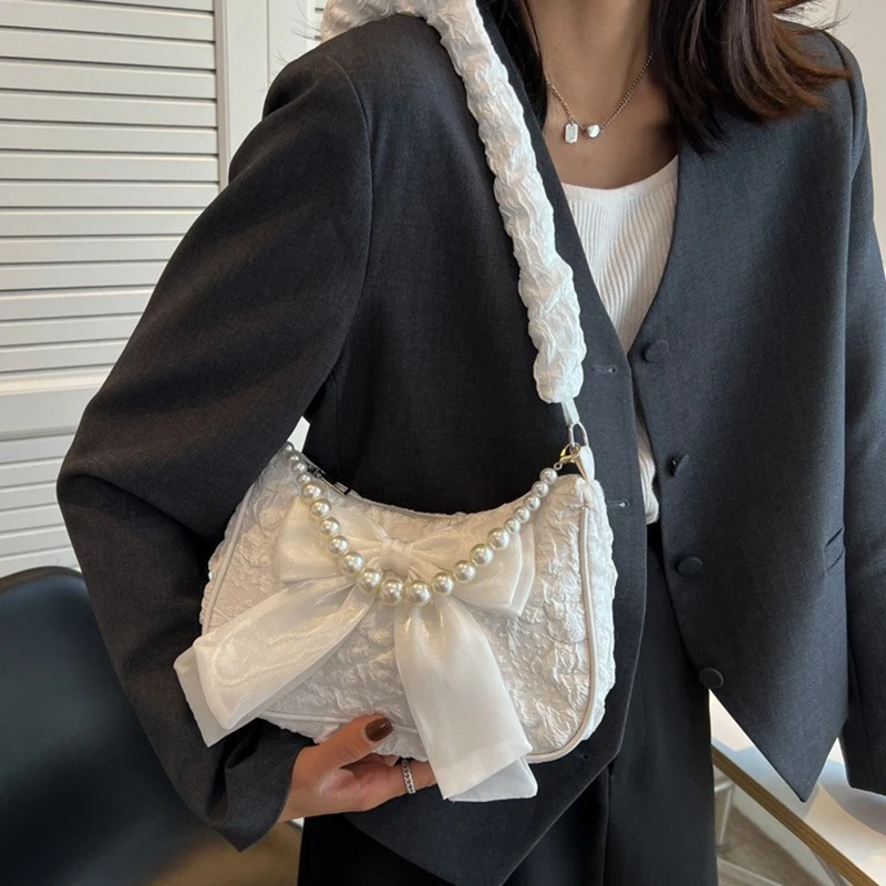 White Folds Pearl Female Bag Retro Luxury Designer Handbag Bow Crossbody Bags Fashion Y2K Vintage Women's Shoulder Bag Purses view 2