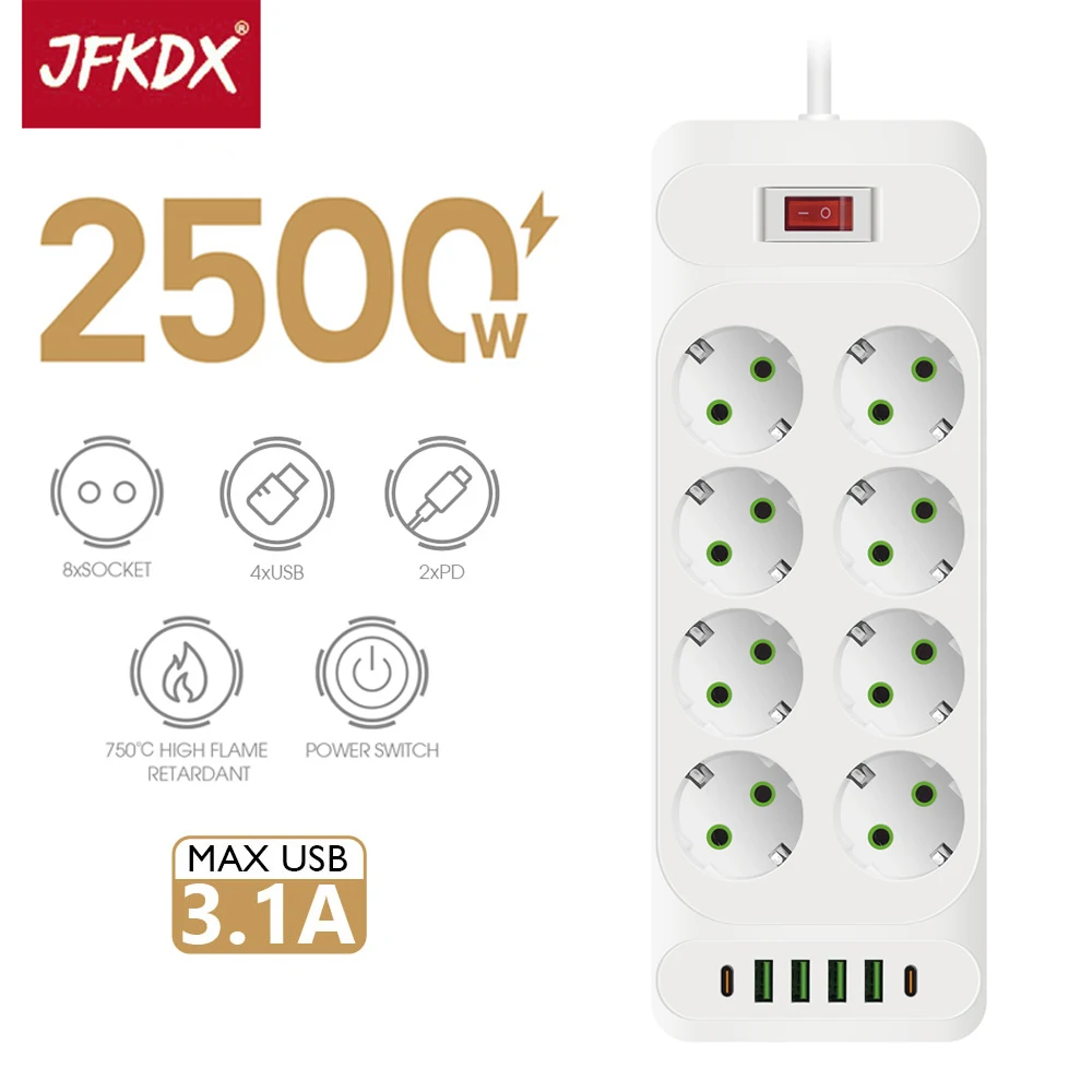 

JFKDX EU 2500W Plug Travel Power Strip AC Outlets 2M Smart Extension Cable With 4 USB Ports 2 Type C Fast Charing Network Filter