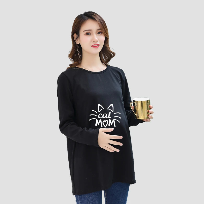 

Cat Cute Sweet Cartoon Printed Customized Pregnant T-Shirt Girl Maternity Pregnancy Funny animal Flattering Long SleeveShirt Mom