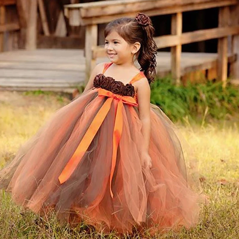 Girls Halloween Tutu Dress Kids Orange Coffee Tulle Dress Ball Gown with Flower Headband Children Birthday Party Costume Dresses