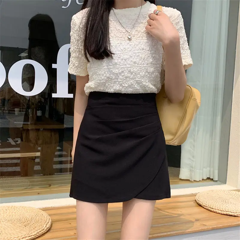 

Skirts Women Shirring Design Summer Temperament with Lining Harajuku Empire Hot Sale Comfortable Daily Solid Feminine Bottom Ins