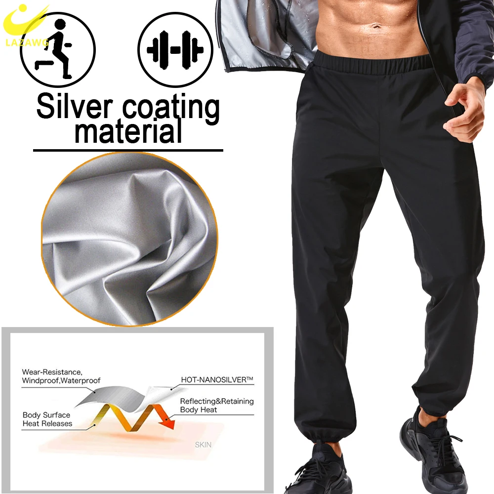 LAZAWG Men Sauna Suit Sweat Set Slimming Leggings Top Weight Loss Jacket Pant Workout Trousers Fitness Fat Burner Zipper Thermal