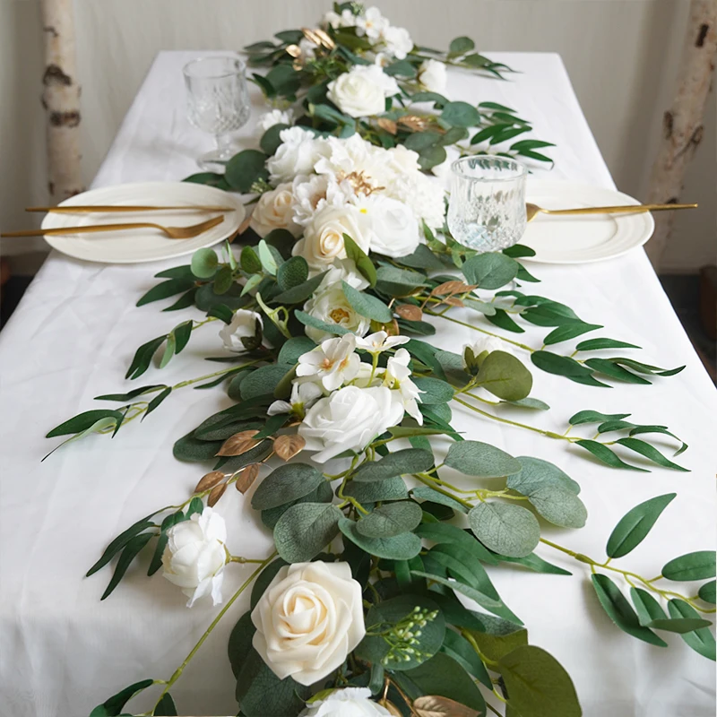 Fluffy Artificial Rose Leaves Vine Garland Table Flower Arch Row for Wedding Decoration