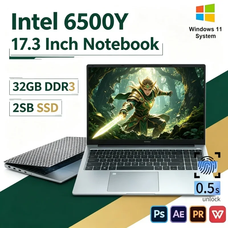 2026 New Hot 17.3 Inch Ultra Slim Notebook Intel 6500Y 16GB/32GB 2TB SSD Win11 Gaming Office Laptop