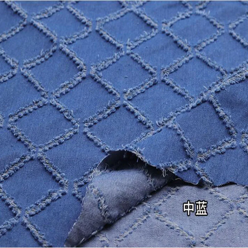 Cool Wide 140cm Blue Denim Fabric Cotton  Rhombus Crochet Washed Denim Fabric Sewing Material Diy Clothing Dress