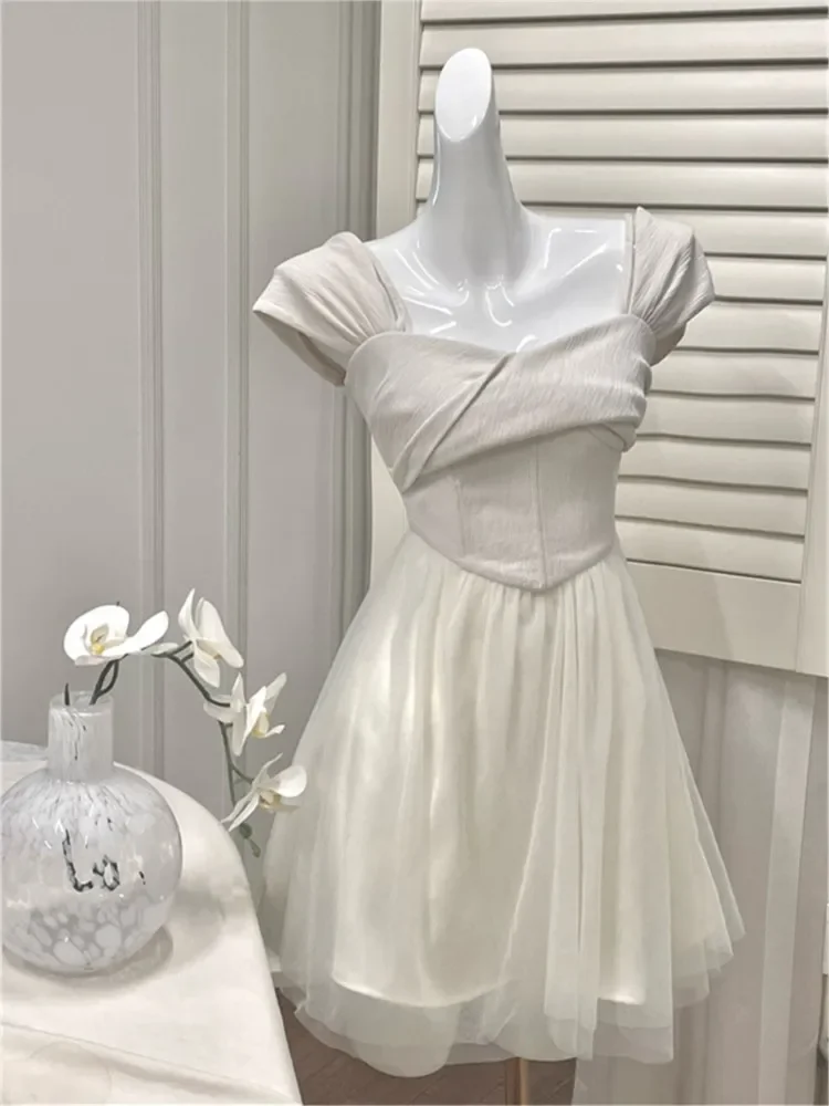 Summer New Dress For Women French Elegant Luxury Mesh Vestidos Mujer Fairycore White Maxi Evening Party Female Clothes 2024