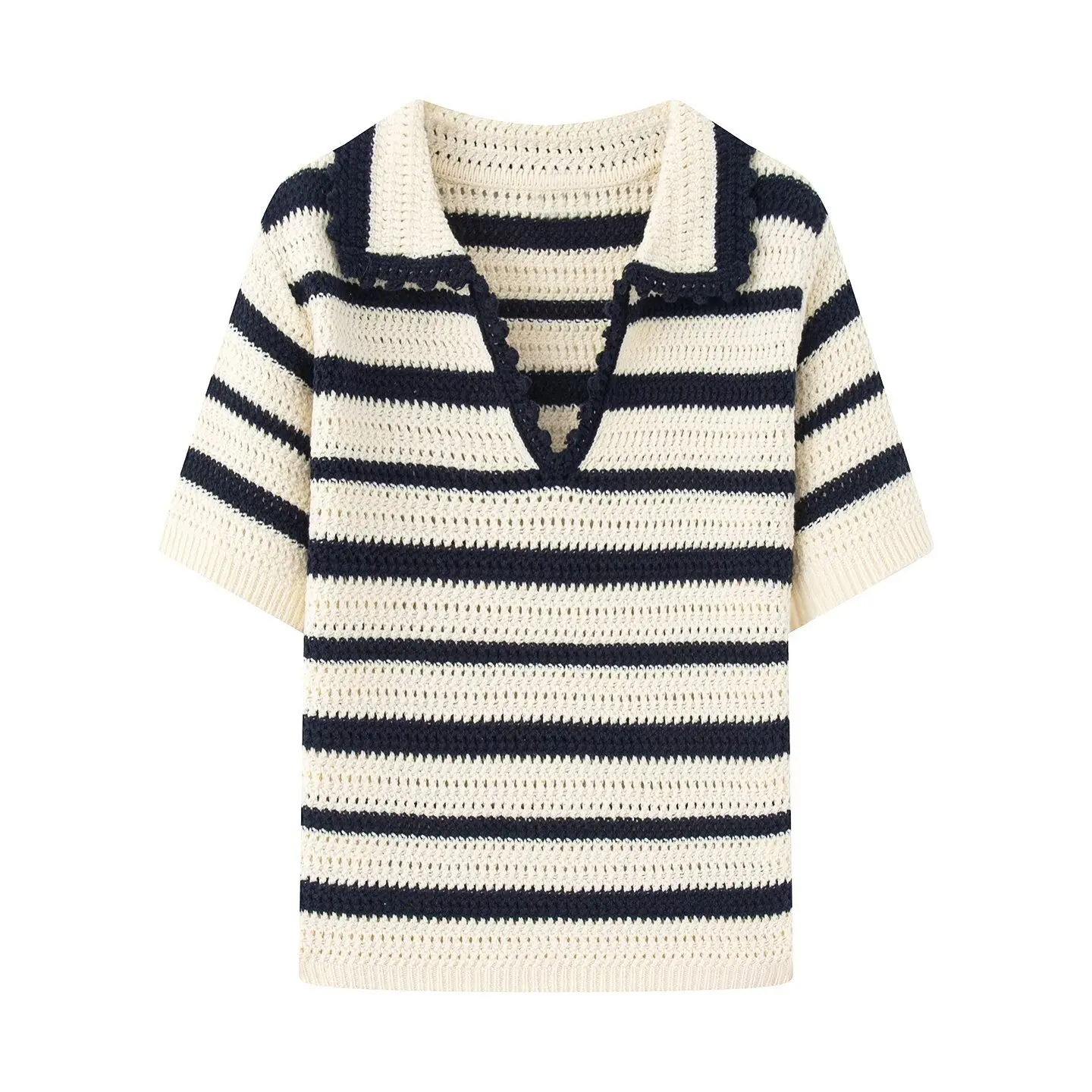 

MYST&ZA Women's Summer New High Twisted 3D Cotton Casual Retro Polo Neck Short Sleeve Striped Knitted Shirt