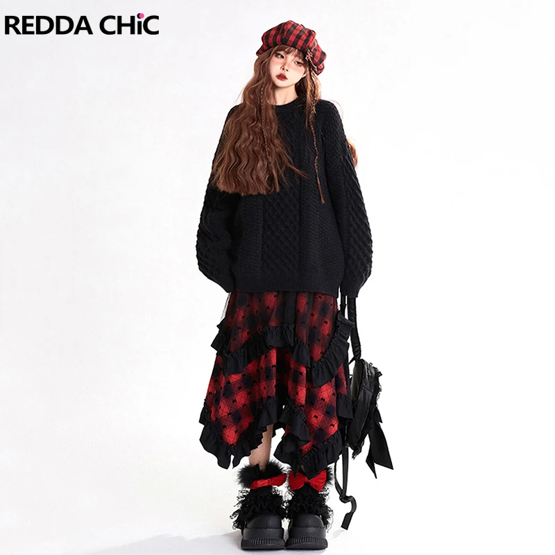 

REDDACHiC Retro Tartan Tulle Overlay Long Skirt Women Elastic Waist Frilly Flocked Bow Irregular Ruffle Skirt Grayu Y2k Clothes