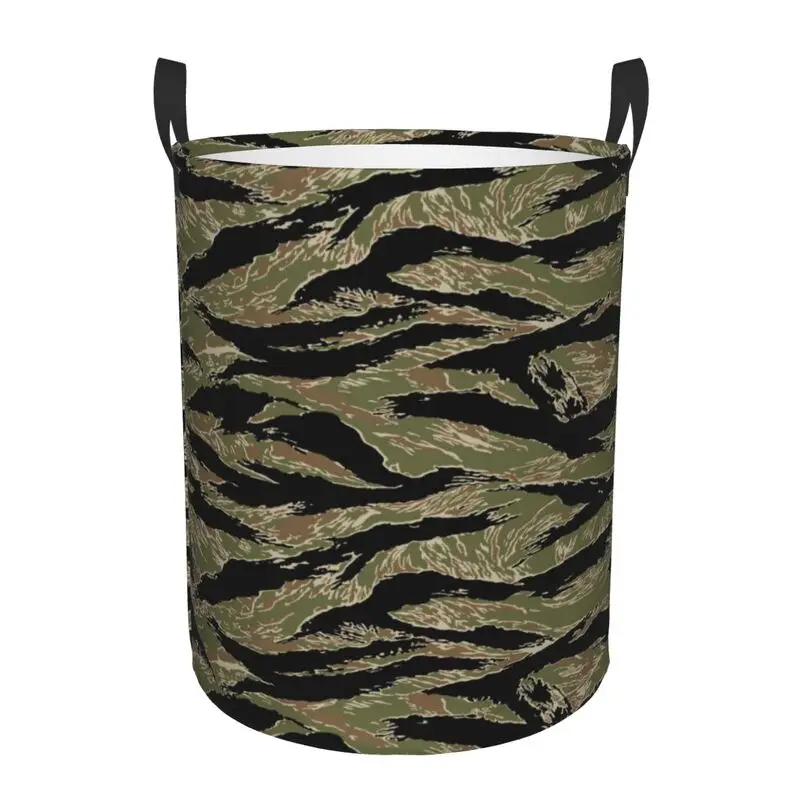Tiger Stripe Camouflage Military Round Laundry Hamper Foldable Storage Basket Clothes Laundry Organizer for Home Dorm Nursery