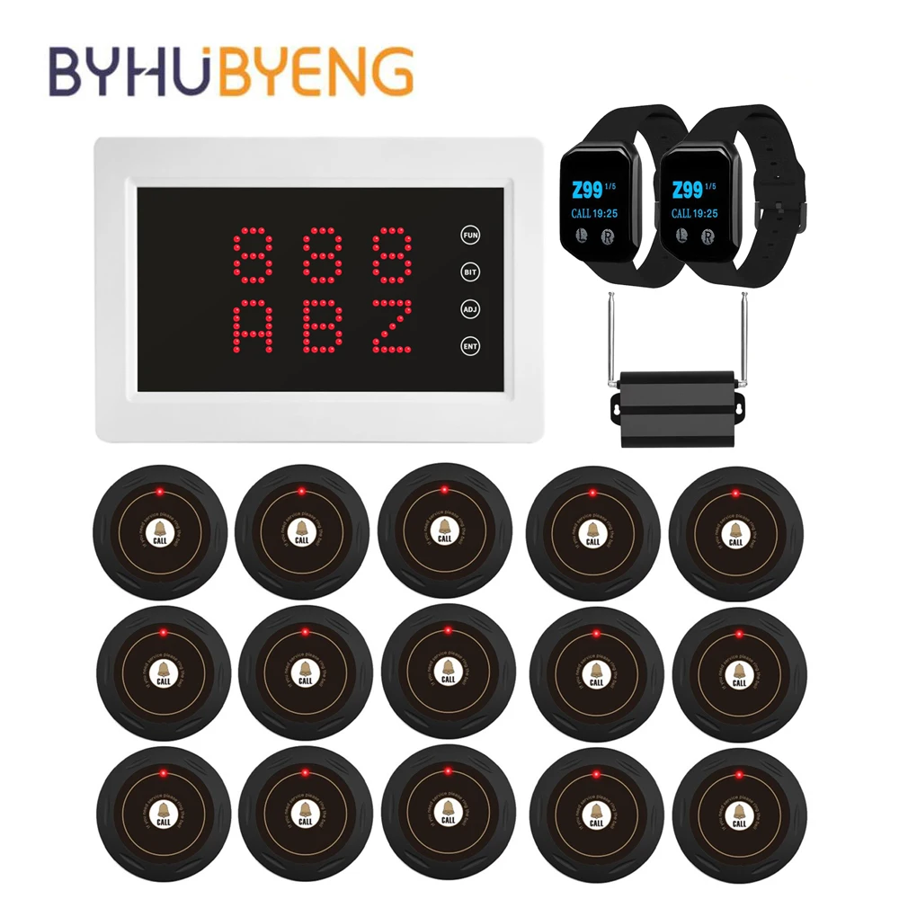 BYHUBYENG Restaurant Table Call System Wireless Waiter Calling 15 Call Button + 2 Watch Receiver+Signal Amplifier Repeater