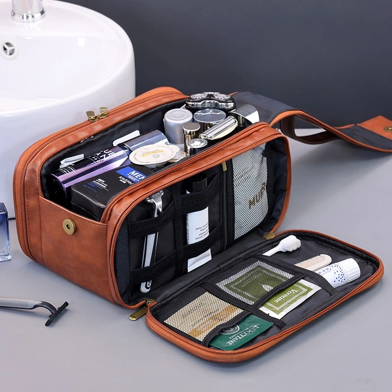 Retro PU Leather Men's Toiletry Bag, Multi-Compartment Shaving Storage Bag, Large Capacity Business Travel Cosmetic Organizer