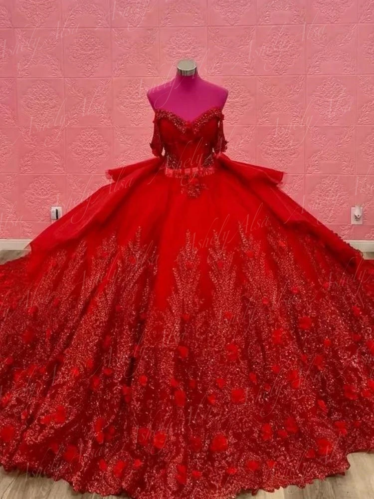 Великолепные роскошные красные платья Quinceanera по индивидуальному заказу, бальные платья с открытыми плечами и цветочным шлейфом, милое платье для выпускного вечера для девочек 16 лет 15