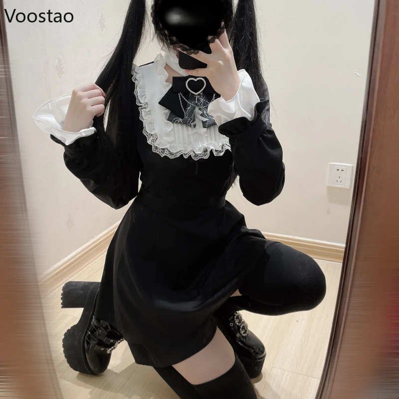 Japońska sukienka Gothic Lolita kobiety Harajuku Y2k z kokardą koronkowe falbany kołnierzyk z długim rękawem Mini sukienki damskie eleganckie przyjęcie urocze sukienki