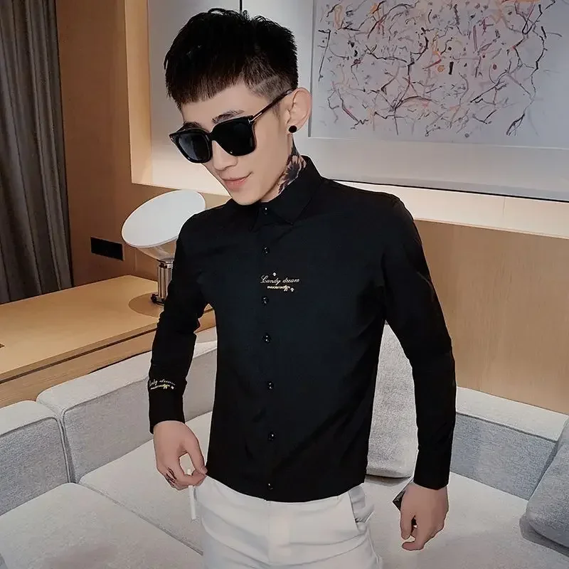 

Male Shirts Embroidery Graphic Business Men's Shirt Cheap Things With Stylish Hot I Button Up Trendyol Korean Style Sleeves