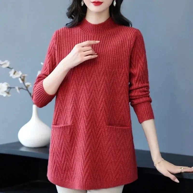 Frauen Pullover Pullover 2025, Neue Feste Halb Hohe Kragen Dicke Warme Lange Gestrickte Pullover Winter Weibliche Tops Bodenbildung Shirt