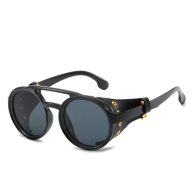 

Steam Punk Shields Sunglasses Men Women Classic Sun Glasses With Side Leather Round Eyewears Punk UV400 Lens