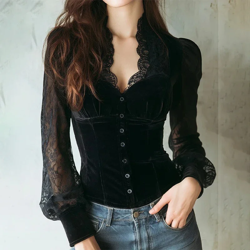 

Women V-neck Lace Splicing Long Sleeve Shirts Solid Color Spring Autumn Chic Streetwear Sexy Slim Blouses Elegant Button Tops
