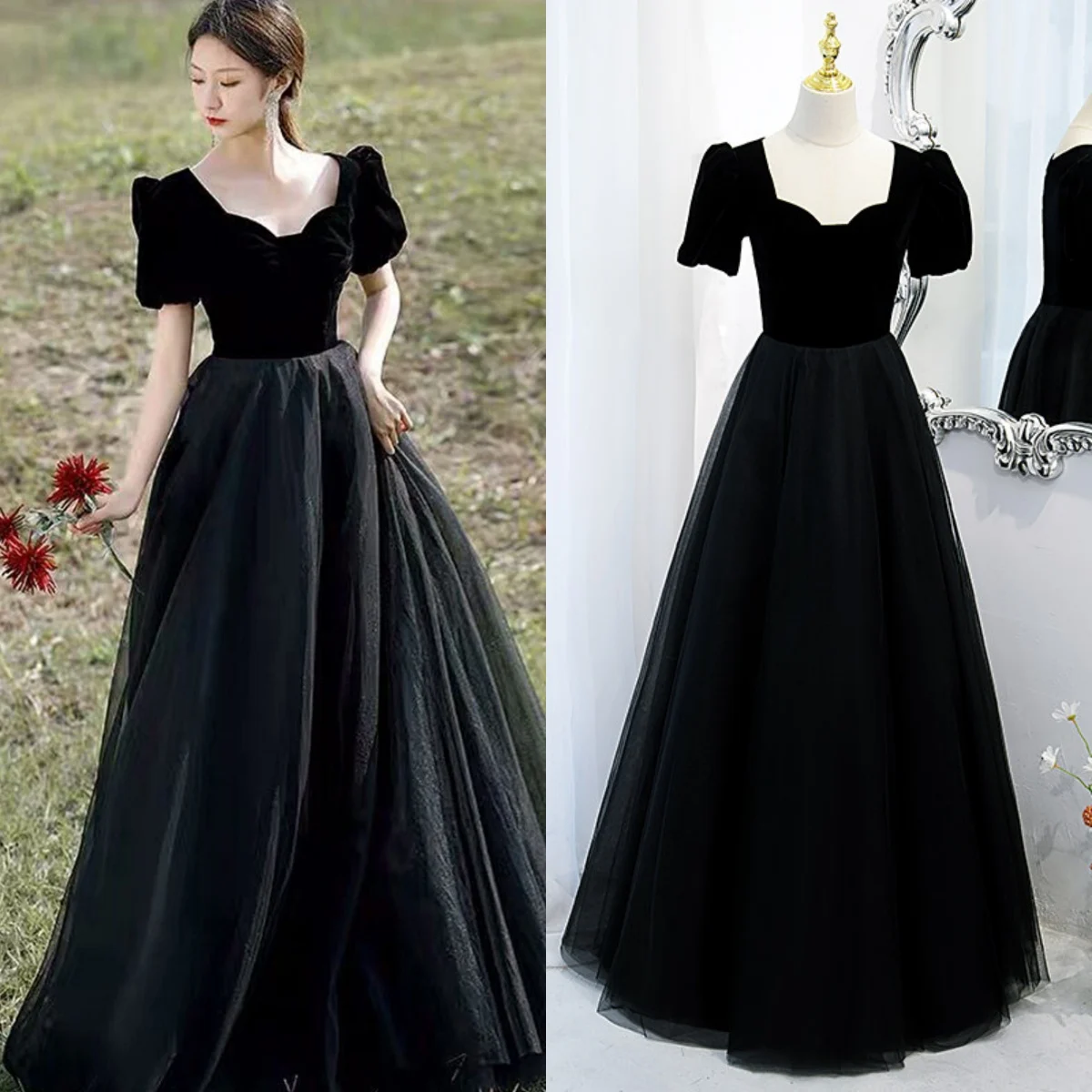 

It's Yiiya Black Evening Dress Velour Floor-Length Zipper Back Short Sleeves A-Line Plus size Party Formal Dresses Woman B1296