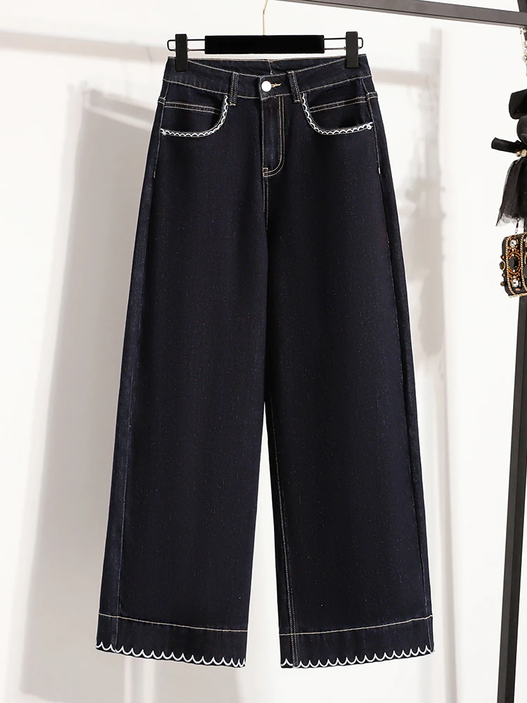 Slimming Straight Leg Elastic Embroidered Denim Women's Jeans High Waist Casual Cotton Blend Stretchy plus Size Ladies Trousers