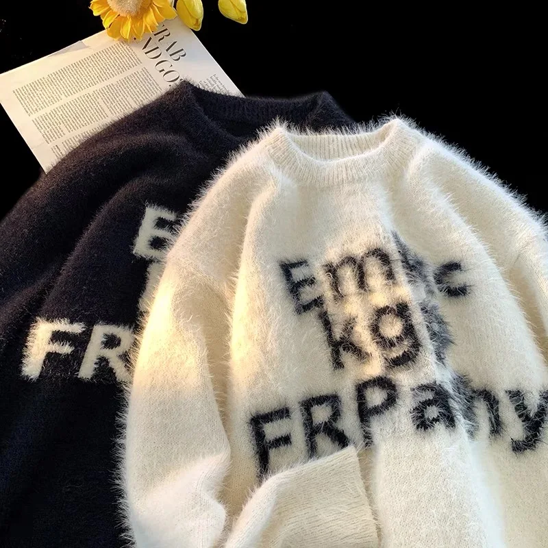 

Мужской вязаный свитер свободного кроя в стиле Харадзюку с длинными рукавами и круглым вырезом, теплый, молодежный, повседневный, модный, верхняя одежда для осени и зимы