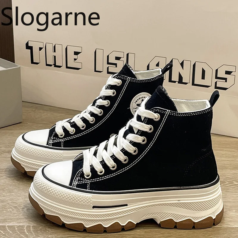 

Spring Summer Canvas Shoes Women 5CM Thick Sole Skateboard Shoes Students High Top Breath Sneakers Height Increase Casual Shoes