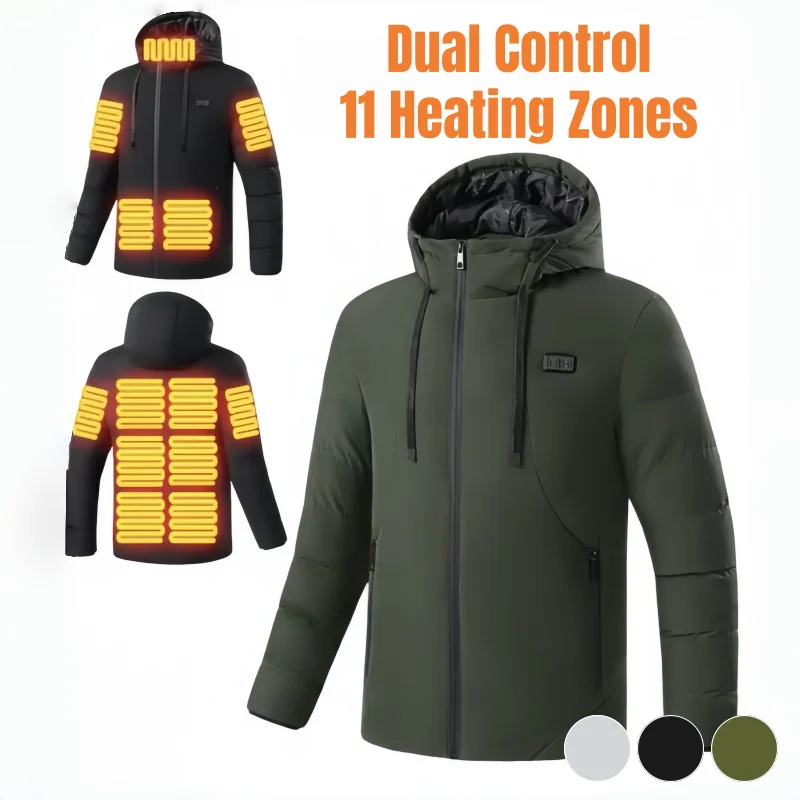 Men's Heated Cotton Jacket with USB Charging, Hooded Heating Coat with Three Temperature Settings, Outdoor Cold-Proof and Warm-Keeping Electric Cotton Jacket, Hidden Charging Port, Constant Temperature and Long-Lasting