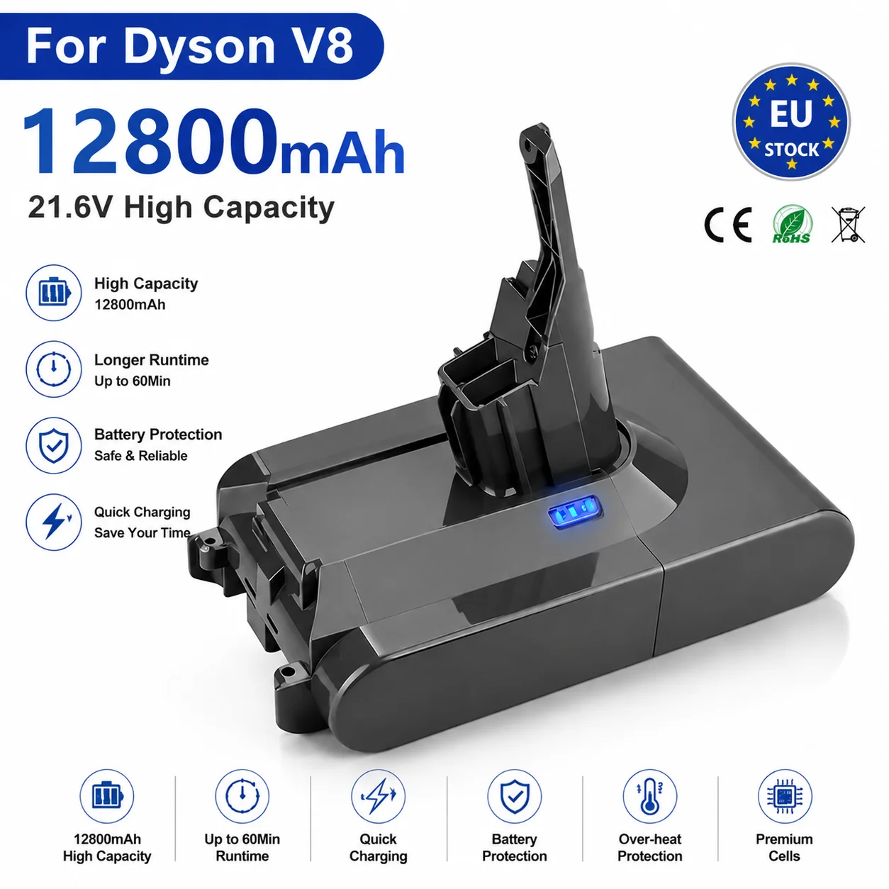 Batterie de remplacement 21,6V 9800/12800mAh pour aspirateur Dyson V8 Absolute Fluffy Animal Motorhead SV10, batterie Li-Ion rechargeable, stock européen, livraison rapide.