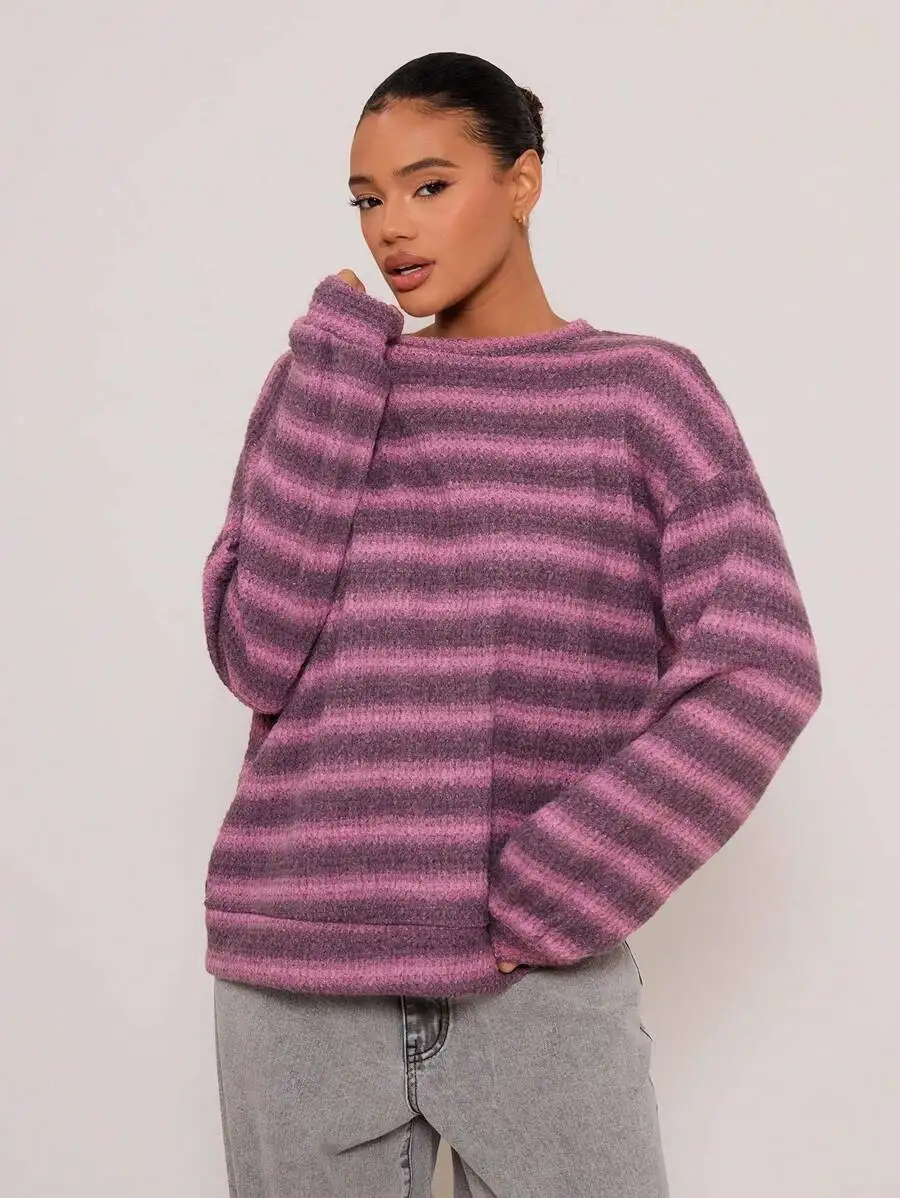 Oversized Crew Neck Striped Knit Sweater - Loose Fit, Soft Texture, Casual Chic