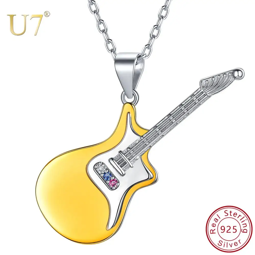 U7 Men Women 925 Sterling Silver Guitar Pendant Necklace with Adjustable 20 Inches Chain for Music Lover Jewelry Gifts SC293