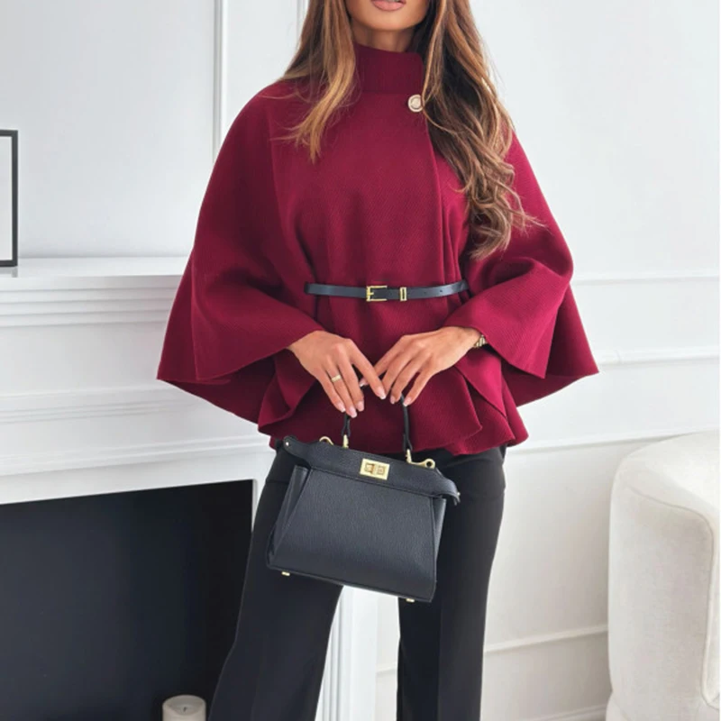

New Women's Short Cape Coat Jacket Fashion Autumn Casual Cropped Jacket with Belt Office Lady Woolen Top Chic Cloak Outerwear