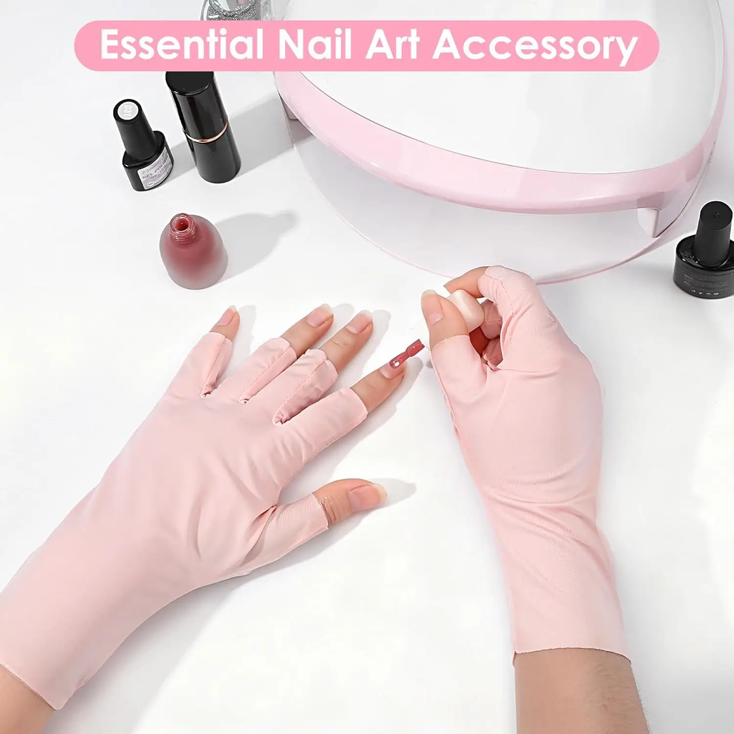 قفازات الأشعة فوق البنفسجية للأظافر، قفازات جل لفن الأظافر بدون أصابع تحمي من الأشعة فوق البنفسجية فوق البنفسجية (أسود + وردي)