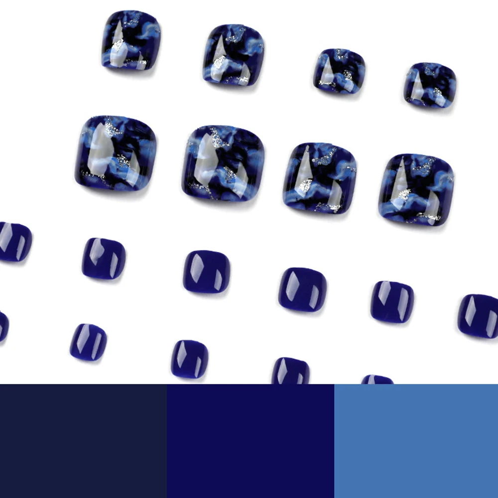 24pcs Glossy Blue False Toenails Sparkling Short Fake Nails Press On Nails Glitter French Style Artificial Nails With Adhesive