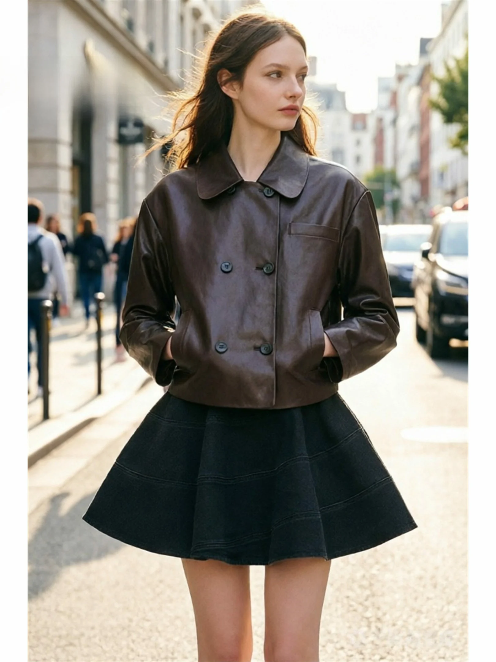 Deep Brown Short Jacket Commute Fashion Women's Frock PU Leather Shirt Casual Straight Cut Long Sleeve Double Button Pure Color